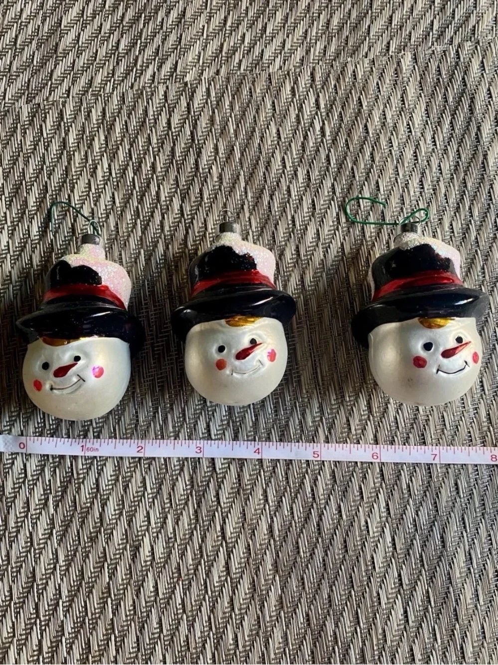 Vintage Blown Glass Snowman Head Christmas Ornaments Lot of 3 Glitter Top Hat